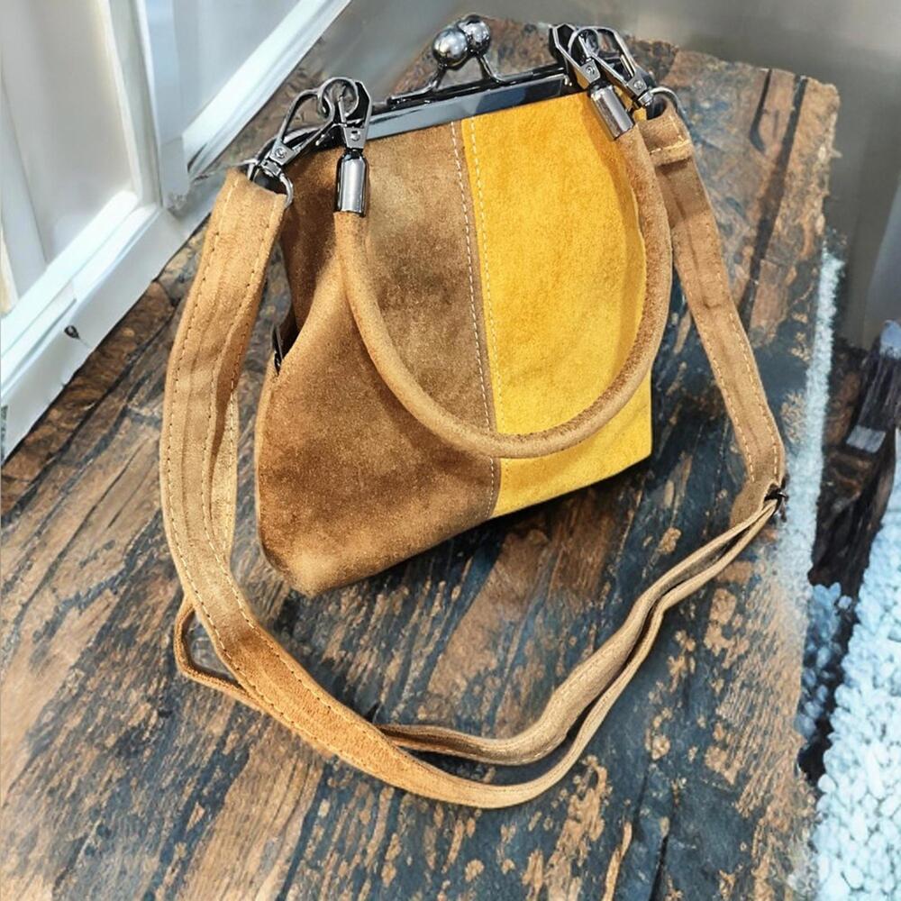 NEW Vintage Retro French Small Square Crossbody Bag Purse Colorblock Faux Suede - Picture 3 of 6